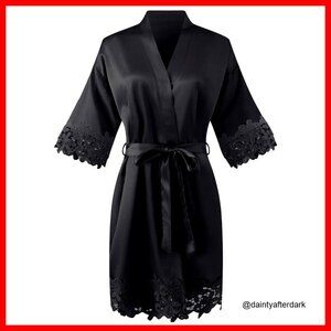 Short Satin Robe Lace Trim Kimono Sleepwear Loungewear